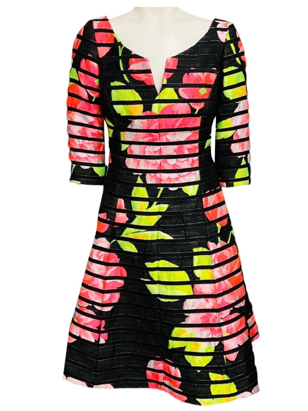 LEE ANDERSON COUTURE BLACK / PINK / GREEN MULTI FLORAL PRINTED STRIPED COCKTAIL